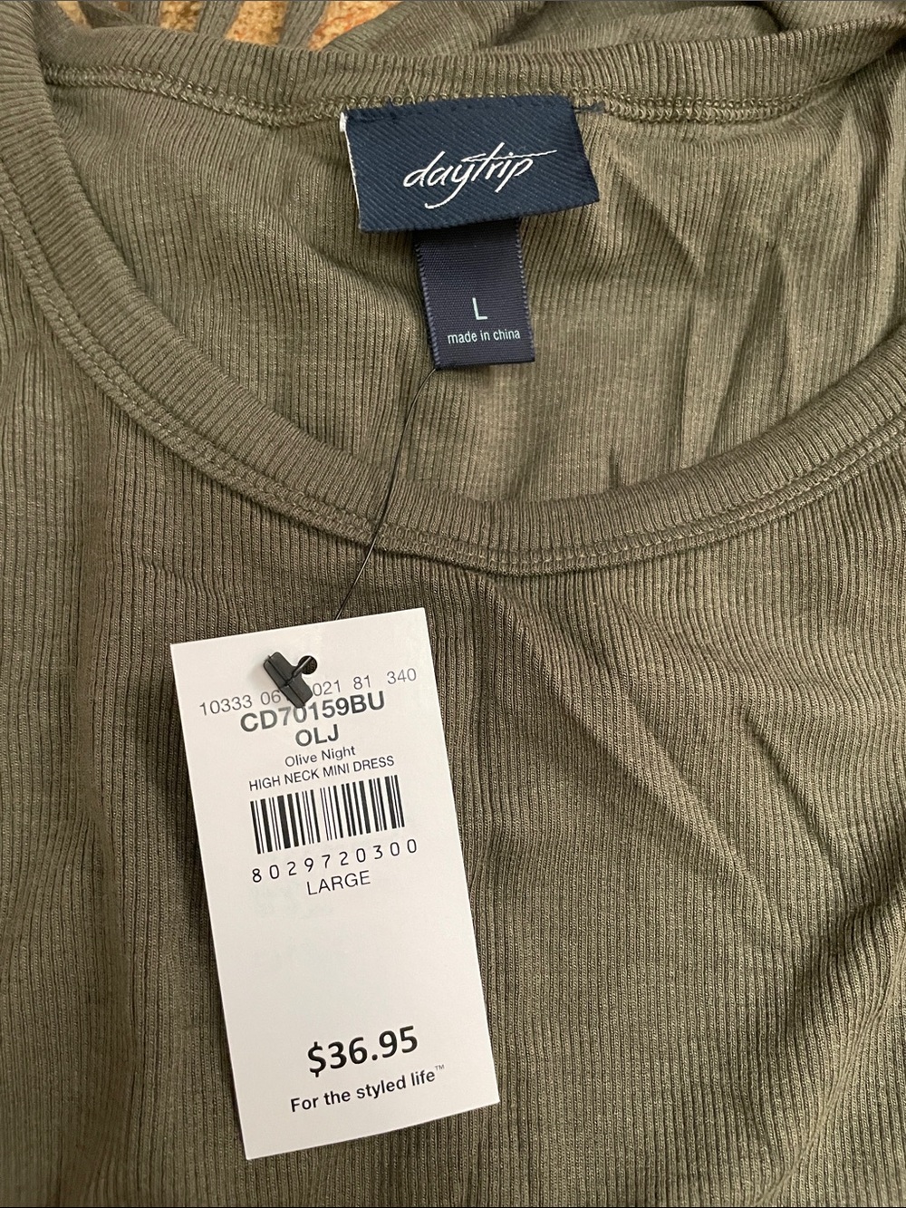 Daytrip Olive Ribbed High Neck Mini Dress